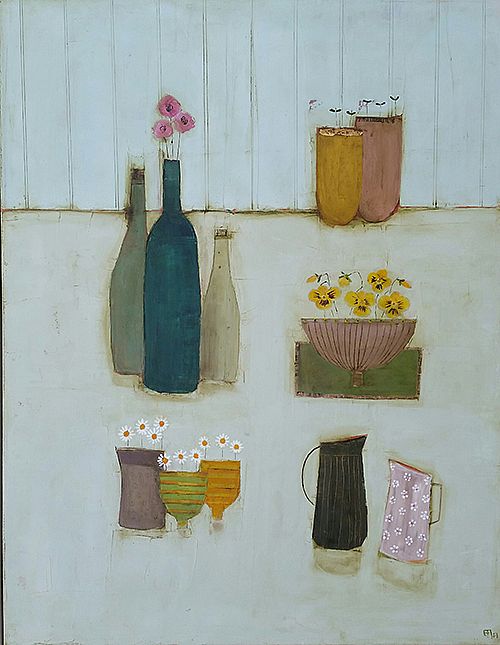 Eithne  Roberts - Bottles daisy jug and yellow pansies